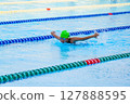 Swimmer child swims butterfly swimming style in a race swimming pool. Water sports and competition, learning to swim classes for children. 127888595