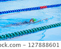 Swimmer child swims backstroke swimming style in a race swimming pool. Water sports and competition, learning to swim classes for children. 127888601