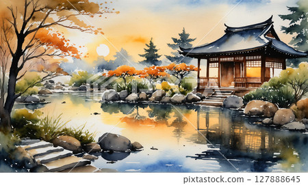 A watercolor painting of a Japanese garden illuminated by the setting sun, a landscape where tranquility and Japanese beauty blend together 127888645