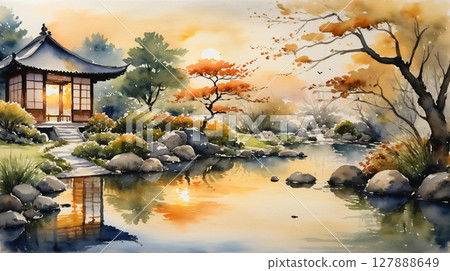 夕陽映照下的日本庭園水彩畫，寧靜與日式之美交相輝映 127888649
