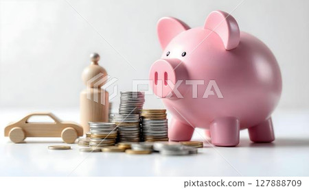 Piggy bank with coins on a white background, symbolizing savings and financial security in insurance planning 127888709
