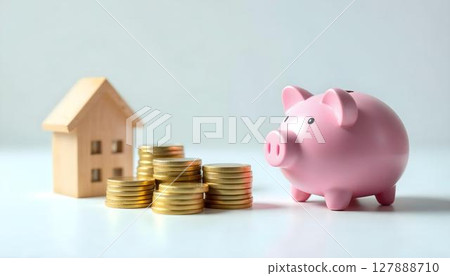A piggy bank next to a house and coins, showcasing the theme of real estate investment on a white background 127888710
