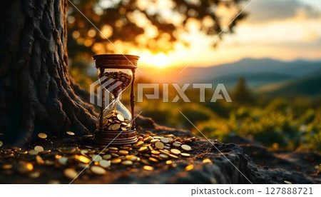 An hourglass placed beside a tree, with coins scattered on the ground, symbolizing the notion of investment growth An hourglass placed beside a tree, with coins scattered on the ground, symbolizing the notion of investment growth 127888721
