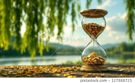 An hourglass resting at the base of a tree, showcasing the theme of investment growth and the management of time An hourglass resting at the base of a tree, showcasing the theme of investment growth and the management of time 127888723