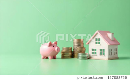A pink piggy bank, house, and car arranged on a wooden table, representing the idea of savings and the importance of insurance A pink piggy bank, house, and car arranged on a wooden table, representing the idea of savings and the importance of insurance 127888736