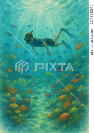 海底探索與漂浮樂趣｜浮潛的同時享受珊瑚礁世界水彩插畫 127888843