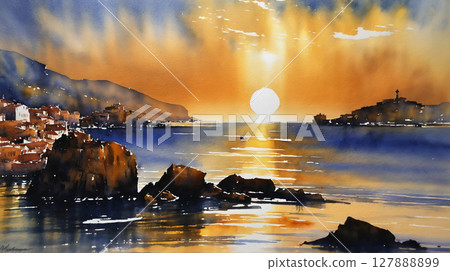 水彩畫：大海與日落風景 127888899