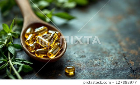 Fish oil supplement capsules targeted at weight loss, emphasizing progress in herbal medicine and health innovation Fish oil supplement capsules targeted at weight loss, emphasizing progress in herbal medicine and health innovation 127888977
