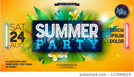 Summer Party Banner Design Template with Glowing Neon Light on Fluorescent Tropic Leaves Background. Vector Summer Celebration Holiday Illustration for Banner, Flyer, Invitation or Celebration Poster. 127889029
