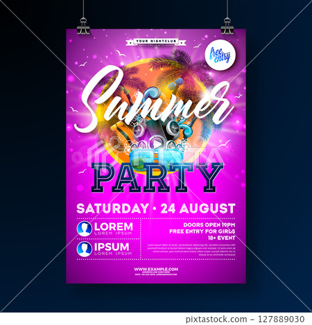 Summer Party Flyer Design Template with Flower, Speakers and Beach Holiday Elements on Pink Background. Vector Summer Music Celebration Illustration with Palm Leaves for Banner, Invitation or 127889030
