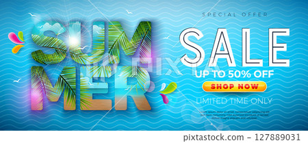 Summer Sale Business Promotional Design with Flower and Tropical Palm Leaves in Typography Lettering on Blue Waves Background. Exotic Floral Vector Illustration with Special Offer Typography for Summer Sale Business Promotional Design with Flower and Tropical Palm Leaves in Typography Lettering on Blue Waves Background. Exotic Floral Vector Illustration with Special Offer Typography for 127889031