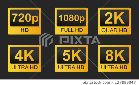 Video resolutions full ultra quad HD, video quality badge icon. Video resolution set. Video resolutions full ultra quad HD, video quality badge icon. Video resolution set. 127889047