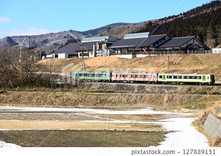 The Kamaishi Line as seen from the rice paddies near the roadside station Tono Kaze no Oka 127889131