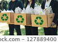 Recycling and volunteer portrait of group doing outdoor waste and garbage cleaning. Earth day, charity and community clean up project. 127889400