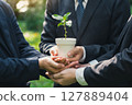 Earth Day Environmental, Business hands holding a plant pot with green plants in the ground together symbolizes green business company and green business cooperation. 127889404