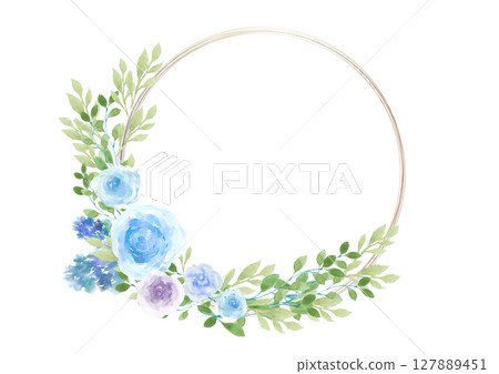 金線與水彩藍玫瑰花環框架 127889451