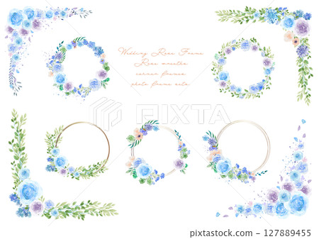 Watercolor blue rose frame and wreath set 127889455
