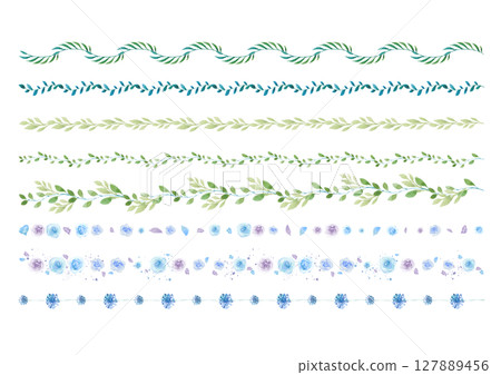 Watercolor leaf & blue rose garland line set 127889456