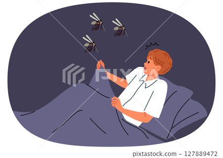 Mosquitoes will attack sleeping man lying in bed, and horrified by sight of giant flying insects Mosquitoes will attack sleeping man lying in bed, and horrified by sight of giant flying insects 127889472