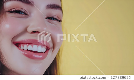 Realistic photo of a young woman's smile, with white even teeth and slightly shiny lips 127889635
