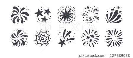 Crayon doodle firework symbol. Hand drawn firework pencil sketch. Chalk color magic sparkle. Crayon texture starburst. Vector illustration on white background 127889688