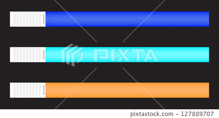 Paper event bracelet mockup. Admission wristband template for cinema, party, disco entrance, concert, festival isolated on transparent background. Patient identification band. Paper event bracelet mockup. Admission wristband template for cinema, party, disco entrance, concert, festival isolated on transparent background. Patient identification band. 127889707