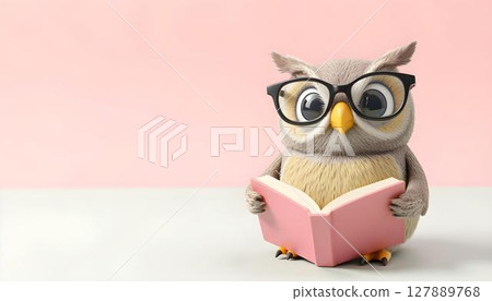 Owl wearing glasses reading a book against a pink background, celebrating World Book Day 127889768