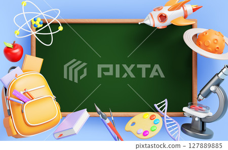 Back to school 3d banner with empty green blackboard, backpack, books, apple, paint, brush, stationery, rocket, planet, microscope, dna, atom on blue background. Science and education 3D illustration Back to school 3d banner with empty green blackboard, backpack, books, apple, paint, brush, stationery, rocket, planet, microscope, dna, atom on blue background. Science and education 3D illustration 127889885