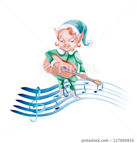 Christmas Elf Guitarist on a Musical Staff. Isolated Watercolor Illustration for Concert Tickets, Interior, Invitations, Poster Making, Greetings. Christmas Elf Guitarist on a Musical Staff. Isolated Watercolor Illustration for Concert Tickets, Interior, Invitations, Poster Making, Greetings. 127889920