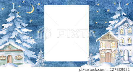 Rectangular frame of a winter fairy-tale town. Isolated watercolor illustration for the design of printed products, interior, invitations, posters, congratulations. Rectangular frame of a winter fairy-tale town. Isolated watercolor illustration for the design of printed products, interior, invitations, posters, congratulations. 127889921