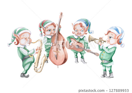 Jazz quartet of Christmas elves playing musical instruments. Isolated watercolor illustration for design of printed products, interior, invitations, posters, greetings. 127889933