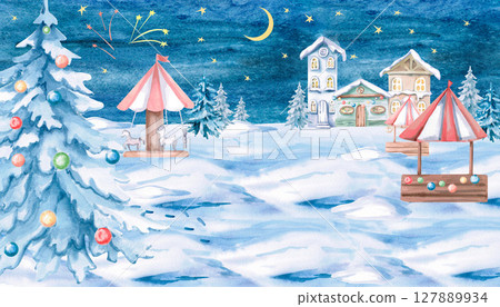 Postcard of the fair Christmas square. Watercolor illustration for the design of printed products, interior, invitations, posters, congratulations. Postcard of the fair Christmas square. Watercolor illustration for the design of printed products, interior, invitations, posters, congratulations. 127889934