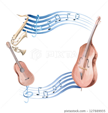 Frame with a musical staff and musical instruments. Isolated watercolor illustration for postcard design, interior, concert ticket printing, invitations, poster making. Frame with a musical staff and musical instruments. Isolated watercolor illustration for postcard design, interior, concert ticket printing, invitations, poster making. 127889935
