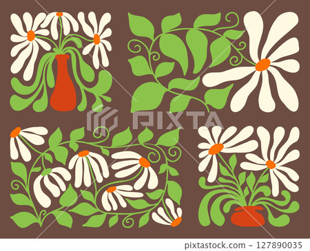 Abstract floral designs inspired by 70s wavy style with vibrant colors Abstract floral designs inspired by 70s wavy style with vibrant colors 127890035