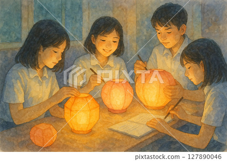 國中生的燈籠之夜｜青春洋溢的手工藝與柔和的水彩畫｜高中生的燈籠製作與點亮的回憶 127890046