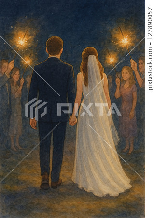 A happy evening wedding with a happy ending | Bride and groom's back view and fairy stick blessing | Romantic exit screen | Night wedding exit/back view romantic 127890057