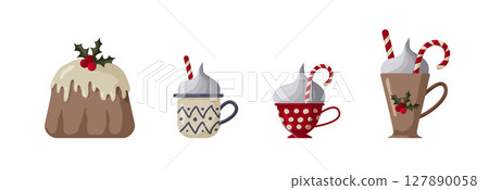 Delicious holiday treats featuring traditional pudding and festive drinks Delicious holiday treats featuring traditional pudding and festive drinks 127890058