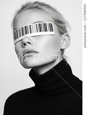 beautiful young woman with a barcode on the eyes. black and white portrait 127890093