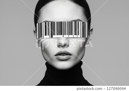 beautiful young woman with a barcode on face. close-up black and white portrait 127890094