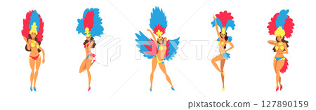 Brazilian Woman Samba Dancer in Bright Parade Feather Dress Vector Set Brazilian Woman Samba Dancer in Bright Parade Feather Dress Vector Set 127890159