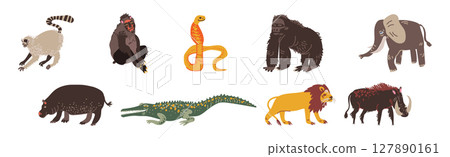 Savanna Tropical Animal and Wild Fauna Vector Set Savanna Tropical Animal and Wild Fauna Vector Set 127890161