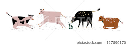 Cow with Udder and Bell Grazing on Pasture as Dairy Cattle Breeding and Farming Vector Set Cow with Udder and Bell Grazing on Pasture as Dairy Cattle Breeding and Farming Vector Set 127890170