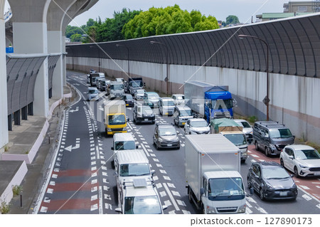 首都高速5號線池袋線高架橋下的交通壅塞[城市形象] 127890173