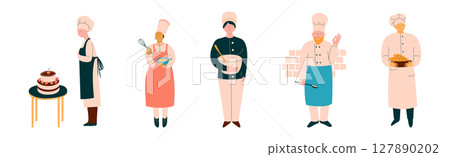 Man and Woman Chef Character in Uniform Cooking Vector Set 127890202