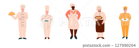 Man and Woman Chef Character in Uniform Cooking Vector Set 127890204