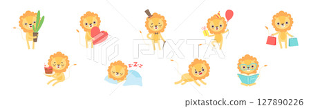Cute Lion Character with Mane Engaged in Different Activity Vector Set Cute Lion Character with Mane Engaged in Different Activity Vector Set 127890226