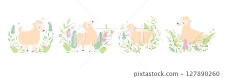 Cute Sheep or Lamb in Foliage or Grass Vector Set 127890260