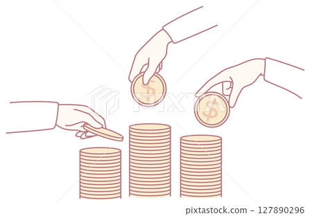 Coin Investment Growth Concept showcasing Hands and Stacks of coins and currency bills 127890296
