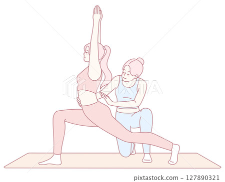 A dedicated Yoga Instructor is assisting a student in their practice of the Warrior Pose 127890321