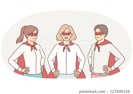 Successful managers dressed as superheroes do teamwork saving businesses from bankruptcy 127890356